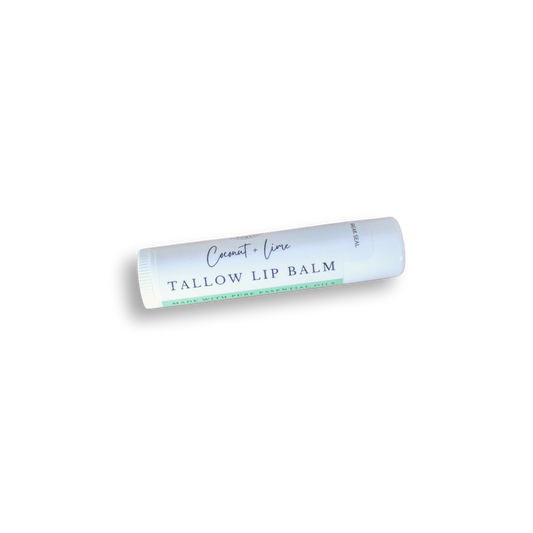 Coconut + Lime Tallow Lip Balm from Hemsworth Homestead, white tube with a script label and pale mint band