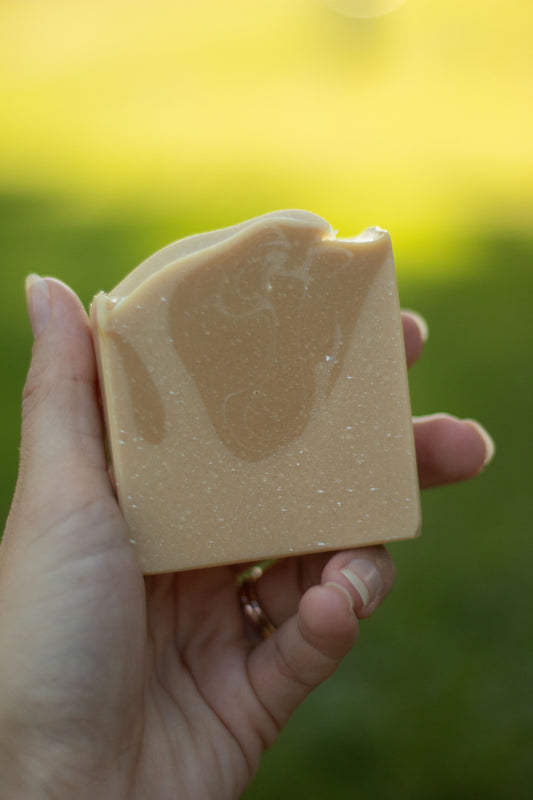 Hand holding a bar of Vanilla Woods soap outdoors with a blurred green background