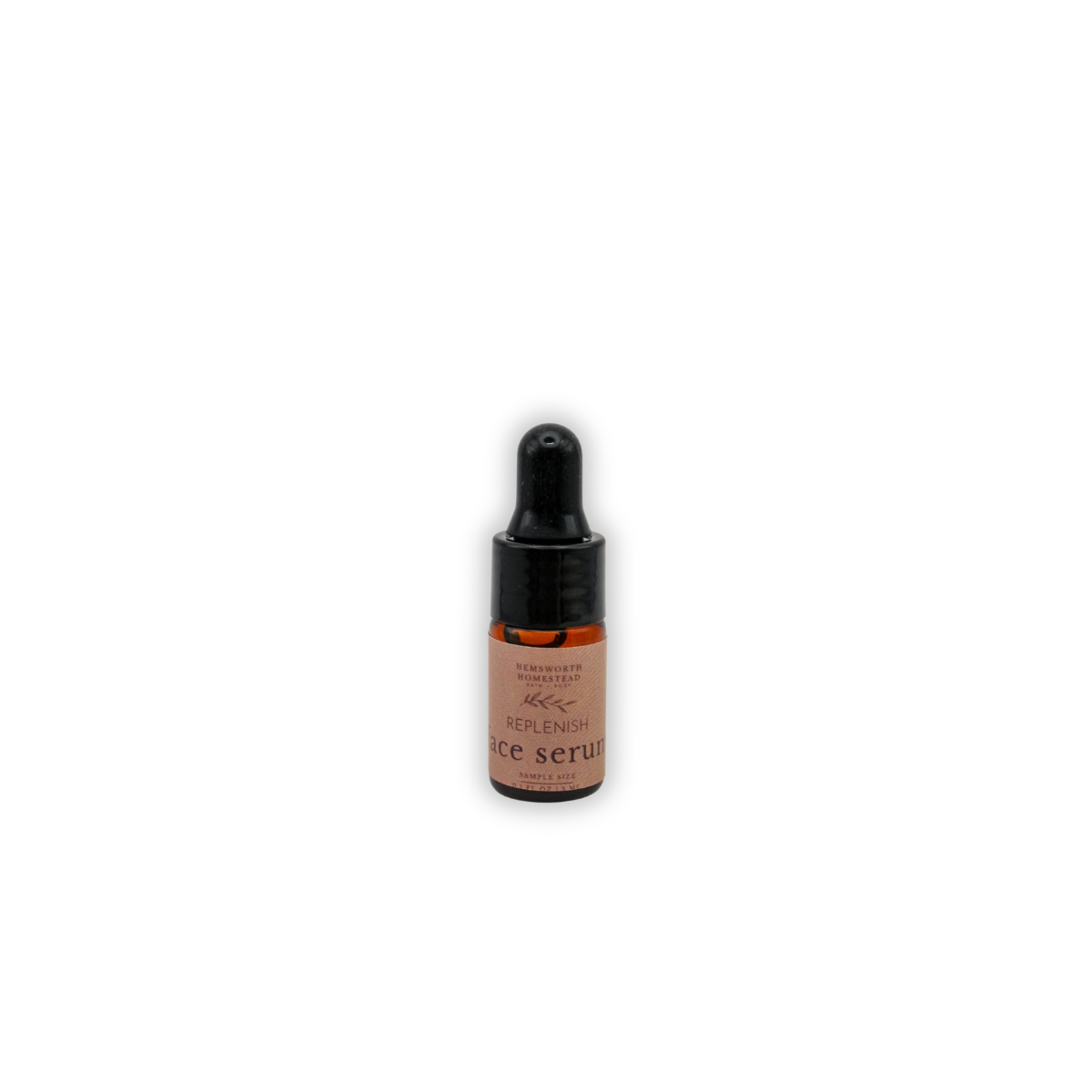 Sample size of Replenish Face Serum, a small dropper bottle with a black cap and blush label