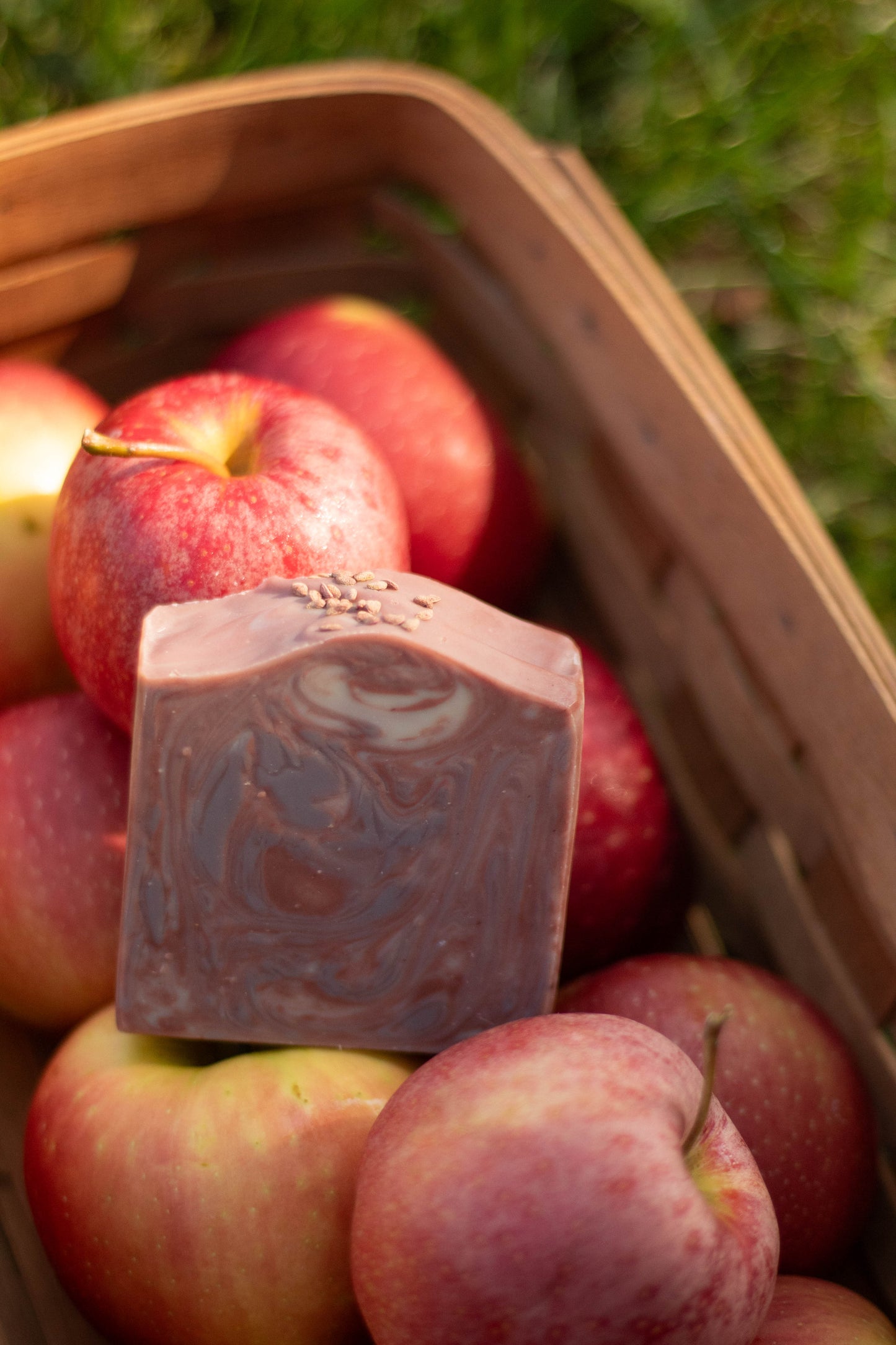 Mulled Orchard bar soap nestled in a basket of red apples outdoors