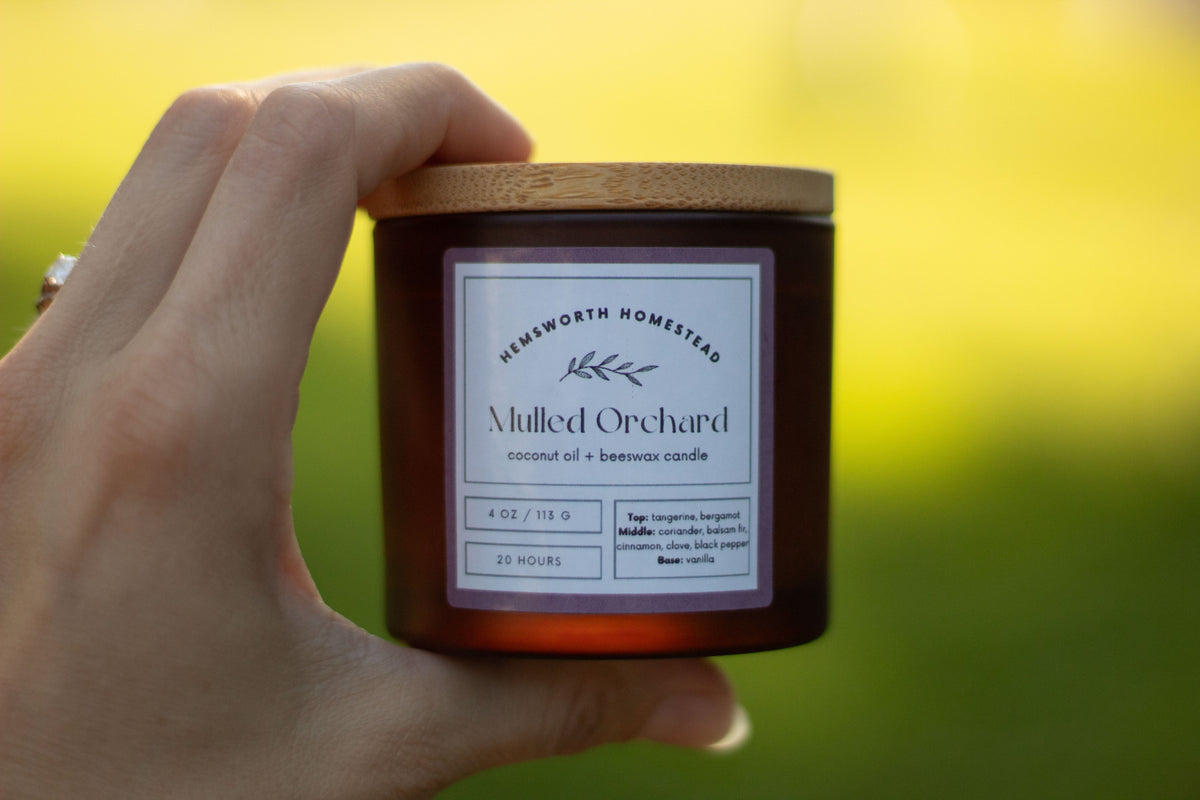 Hand holding an amber glass Mulled Orchard candle jar outdoors with a blurred green background