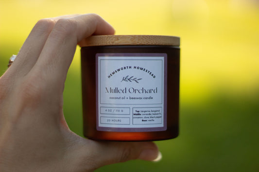 Hand holding an amber glass Mulled Orchard candle jar outdoors with a blurred green background